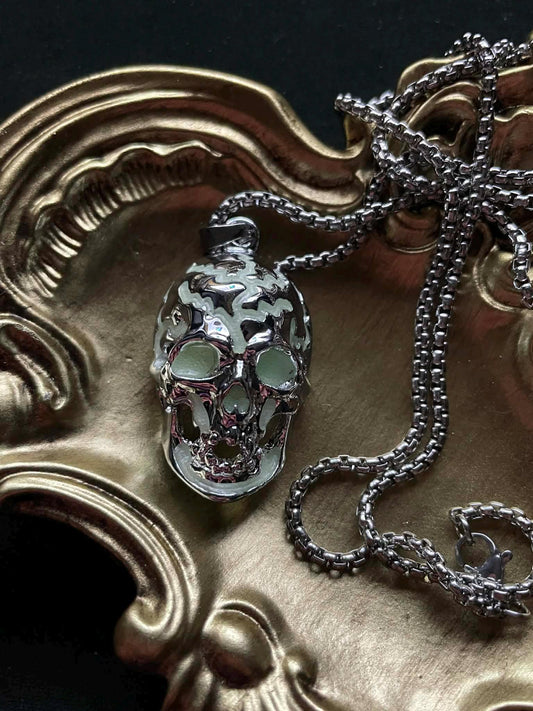 Glowing Skull Necklace | Fluorescent Skeleton Pendant | Glows In The Dark | Green Phosphorescent Halloween Luminous Jewelry With Chain