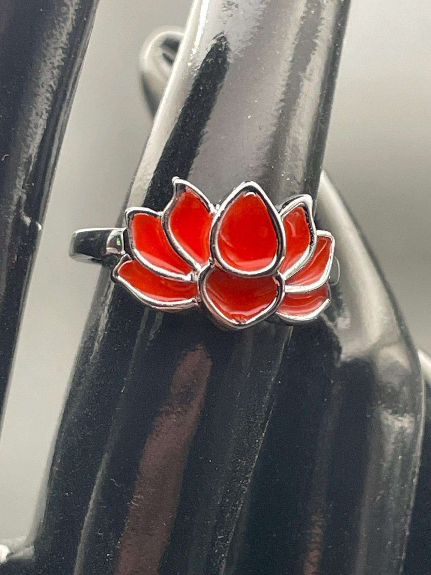 Phosphorescent Orange Fire Ring | Metal Flower Style Frame | Glow In The Dark | Resizable Luminous Jewelry
