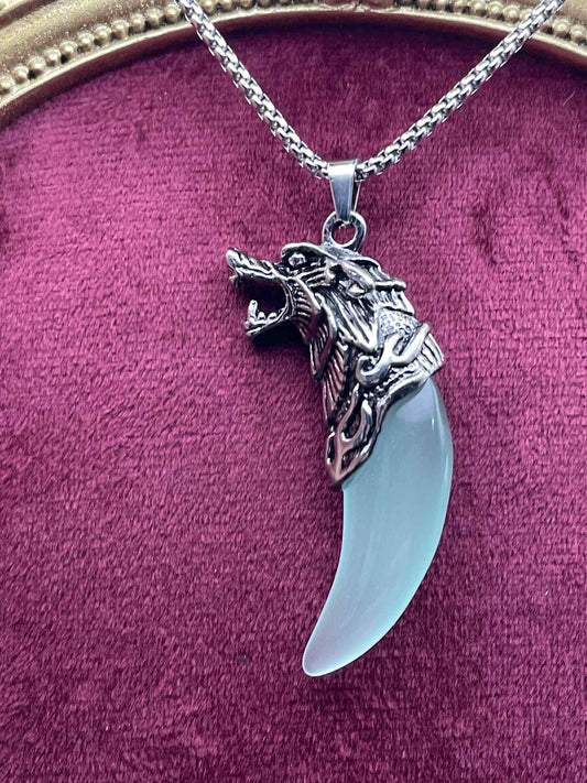 Phosphorous Game Of Thrones (Wolf) Necklace | Blue Fluorescent Tooth Shape Pendant | Glows In The Dark | Stainless Steel Luminous Jewelry