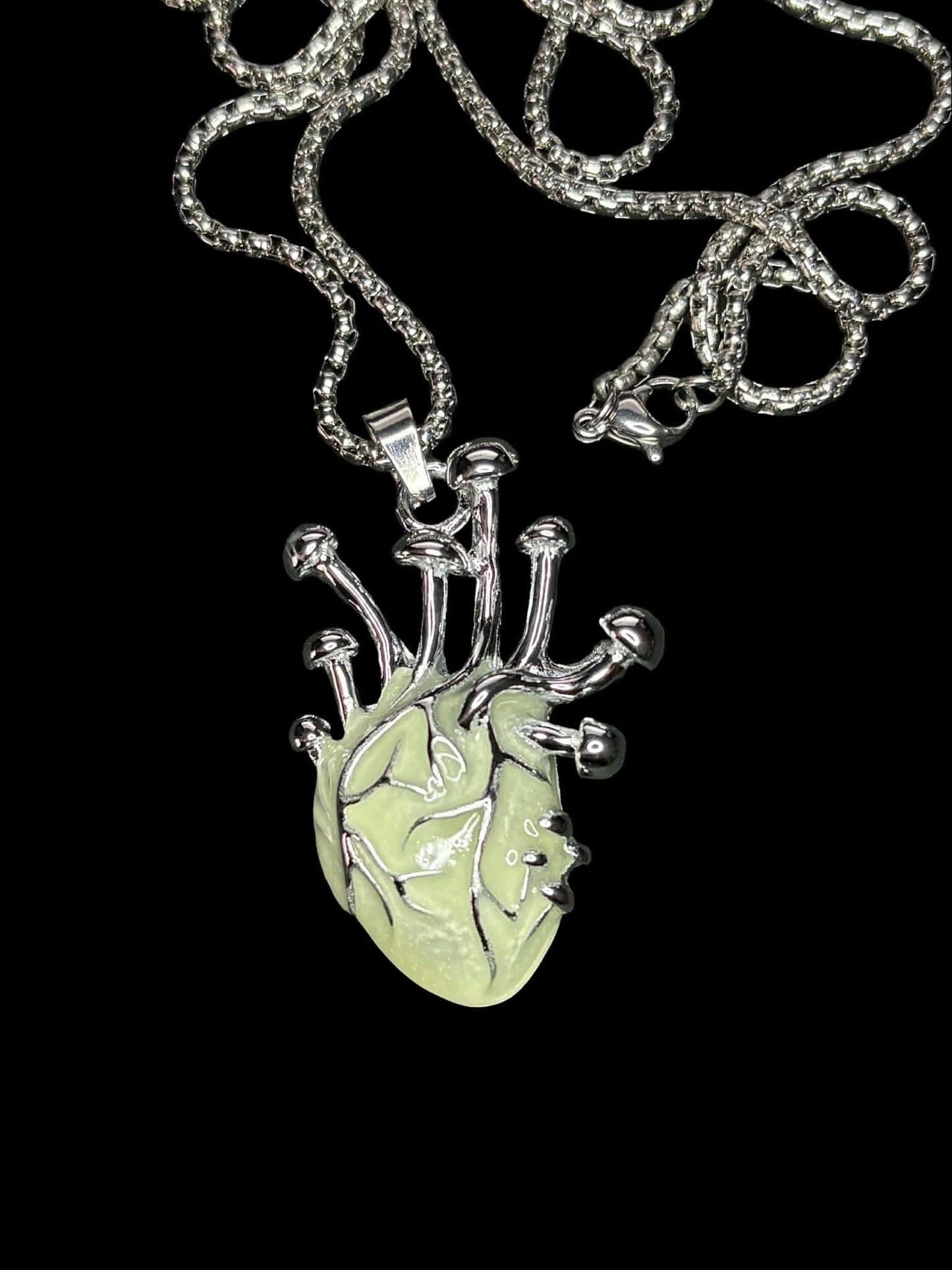 Glowing Heart Necklace | Fluorescent Human Anatomy Pendant | Glows In The Dark | Green Phosphorescent | Luminous Frankenstein Jewelry