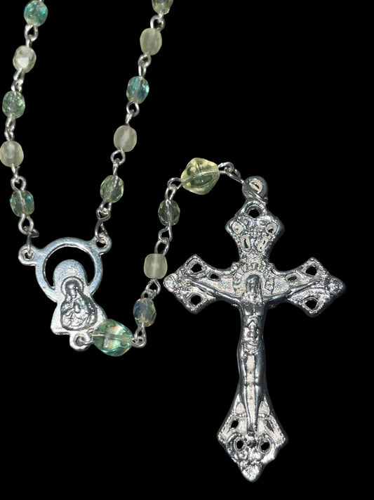 Uranium Glass Rosary with Jesus Crucifix & Virgin Mary Centerpiece | Pope’s Catholic Silver Necklace | Glows Under UV light | Prayer Jewelry