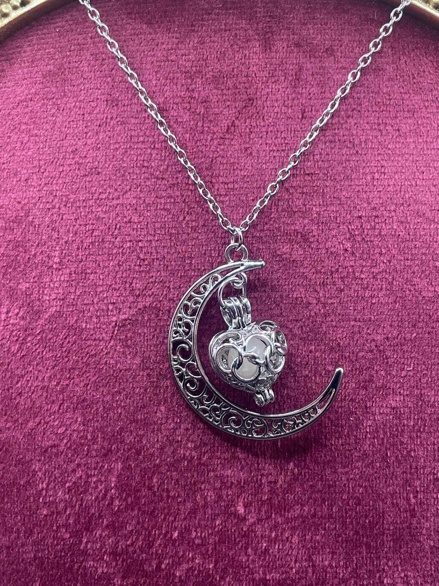 Glowing Heart-Shaped Silver Locket with Silver Half-Moon | Glows Bright Purple In The Dark | Metal Chain Spiritual Jewelry