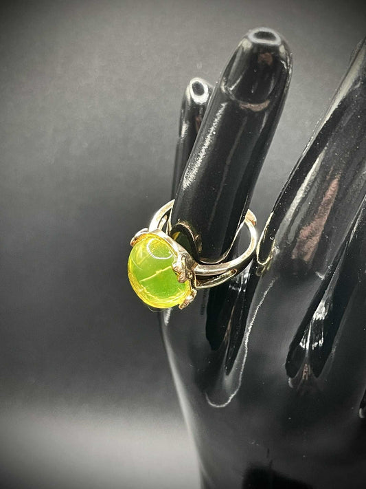 Uranium Glass Gold Ring (Adjustable Size) | Yellow Vaseline Oval Gemstone Jewelry | Glows Green Under UV Light | Magic Luminous Stone