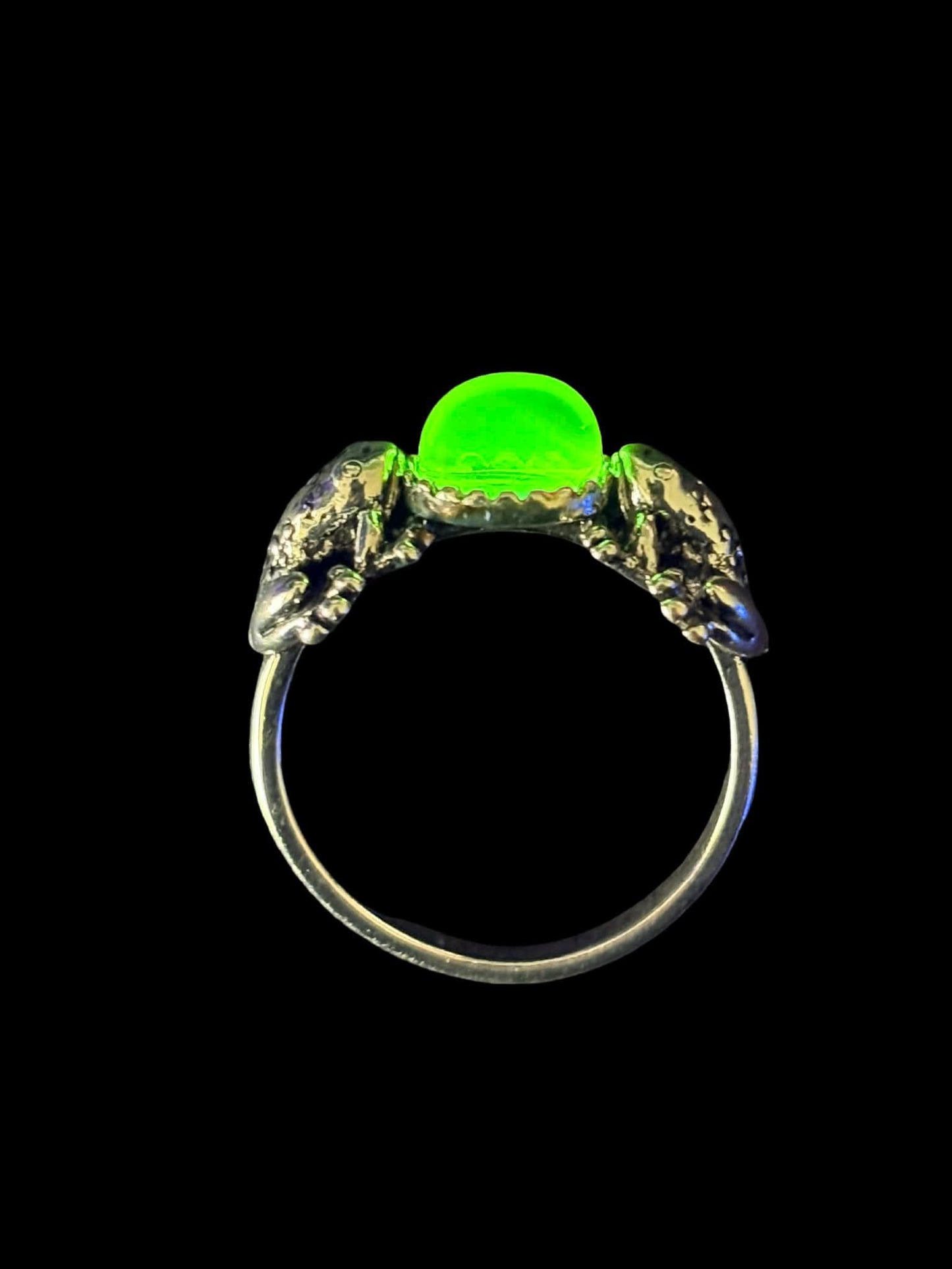 Uranium Glass (Frog) Ring Animal | Yellow Vaseline Glass With Metallic Silver Base | It Glows Under UV Light | Handcrafted Toad Jewelry