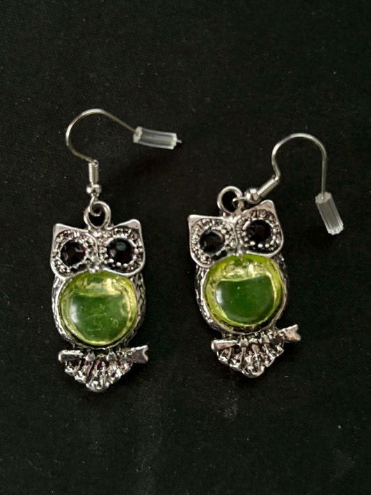 Uranium Glass (Owl) Earrings | UV Glow-In-The-Dark Jewelry | Yellow Vaseline Glass | Includes One Pair