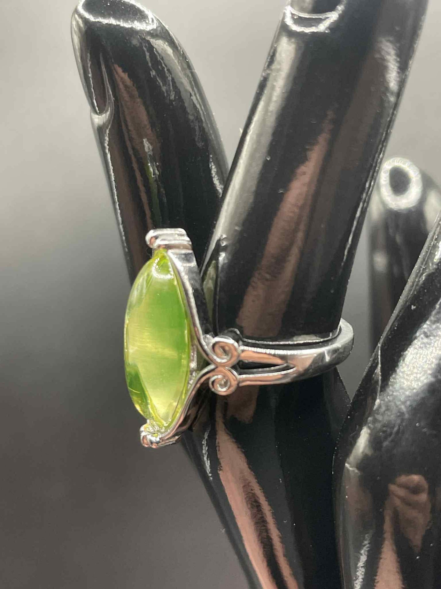 Handcrafted Uranium Glass Long Oval Ring (Size 7) | Vaseline Glass Jewelry | Glows Green Under UV Light | Beautiful Silver Decorative Frame