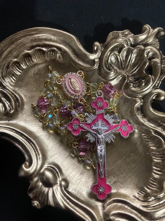 Glowing Uranium Glass Rosary | Small Catholic Crucifix Necklace | Made of 6 Colourful Cathedral Beads & 53 (4mm) FirePolished Vaseline Beads
