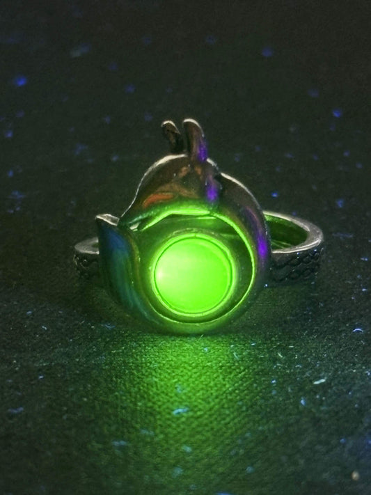 Uranium Glass (Fox) Ring | Resizable Yellow Vaseline Ring | It Glows Green Under UV Light | Metallic Glow-In-The-Dark Animal Jewelry