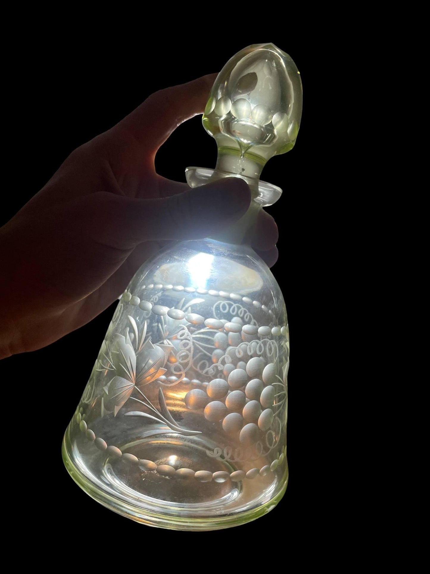 Uranium Glass Wine Decanter/Carafe | Vaseline Glass Bottle with Etched Grapes & Leaves | Glows Under UV Light | Bohemian 1930s Art Deco