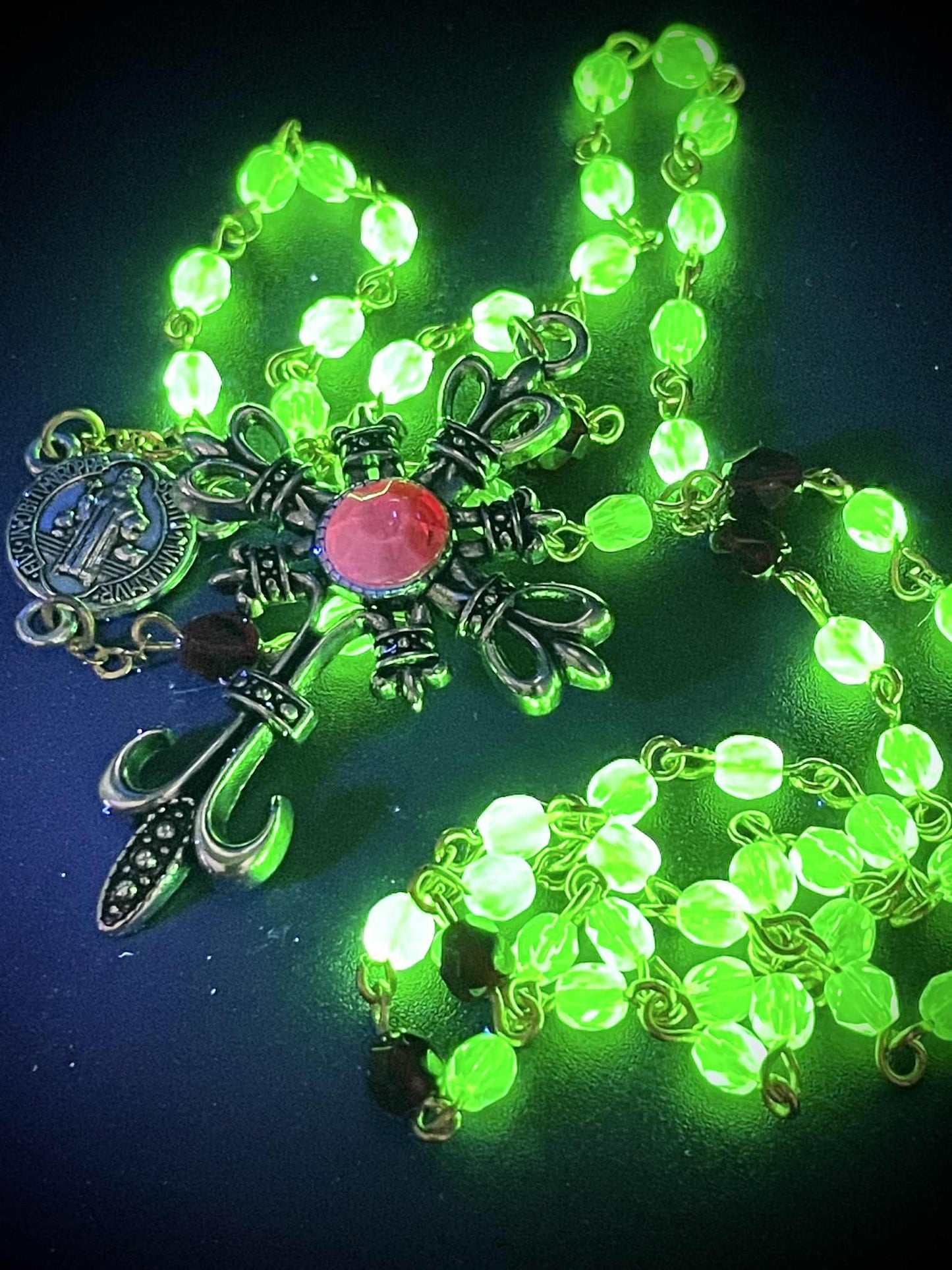 Uranium Glass (Crimson-Red) Gothic Rosary | Dark Witchy Necklace From Yellow Vaseline Glass | Glows Under UV Light | 4mm Fire-Polished Beads