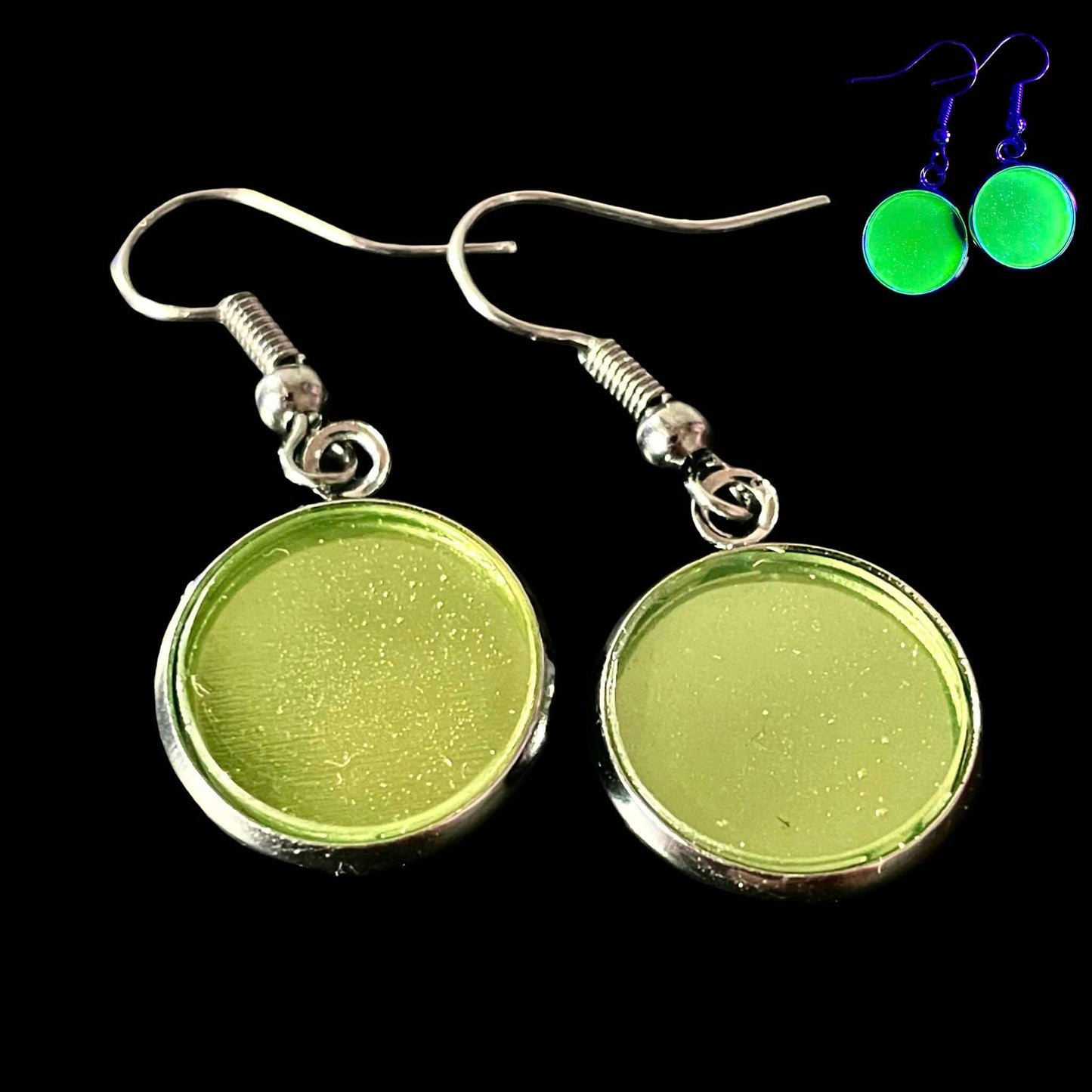 Round Earrings (Uranium Glass) with Black Setting | Handmade Art Deco Style | Glows Under Black-light | Flat Circle Radioactive Jewelry