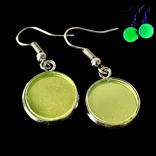 Round Earrings (Uranium Glass) with Black Setting | Handmade Art Deco Style | Glows Under Black-light | Flat Circle Radioactive Jewelry