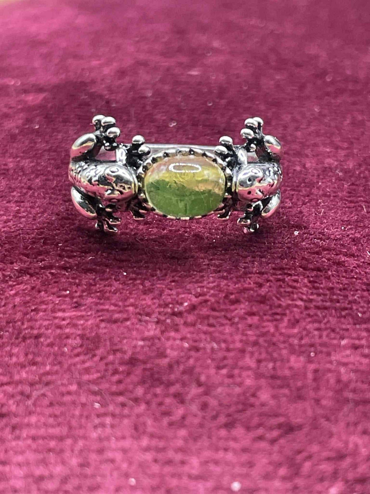 Uranium Glass (Frog) Ring Animal | Yellow Vaseline Glass With Metallic Silver Base | It Glows Under UV Light | Handcrafted Toad Jewelry