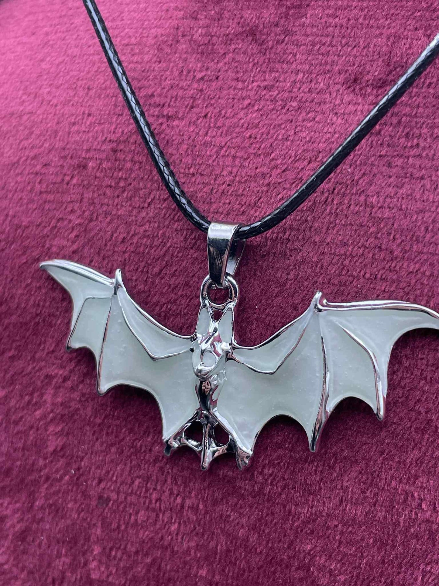 Glowing Bat Necklace | Fluorescent Batman Pendant | Glows In The Dark | Green Phosphorescent Halloween Luminous Jewelry