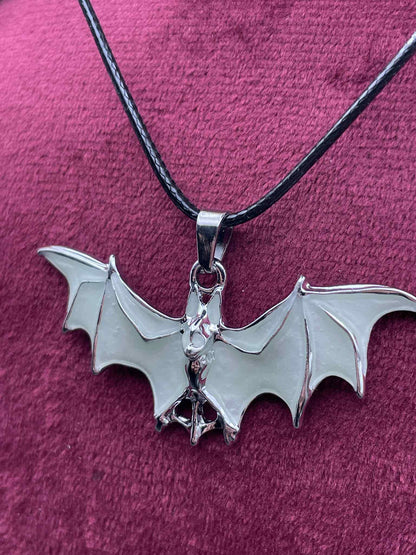Glowing Bat Necklace | Fluorescent Batman Pendant | Glows In The Dark | Green Phosphorescent Halloween Luminous Jewelry
