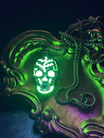 Glowing Skull Necklace | Fluorescent Skeleton Pendant | Glows In The Dark | Green Phosphorescent Halloween Luminous Jewelry With Chain
