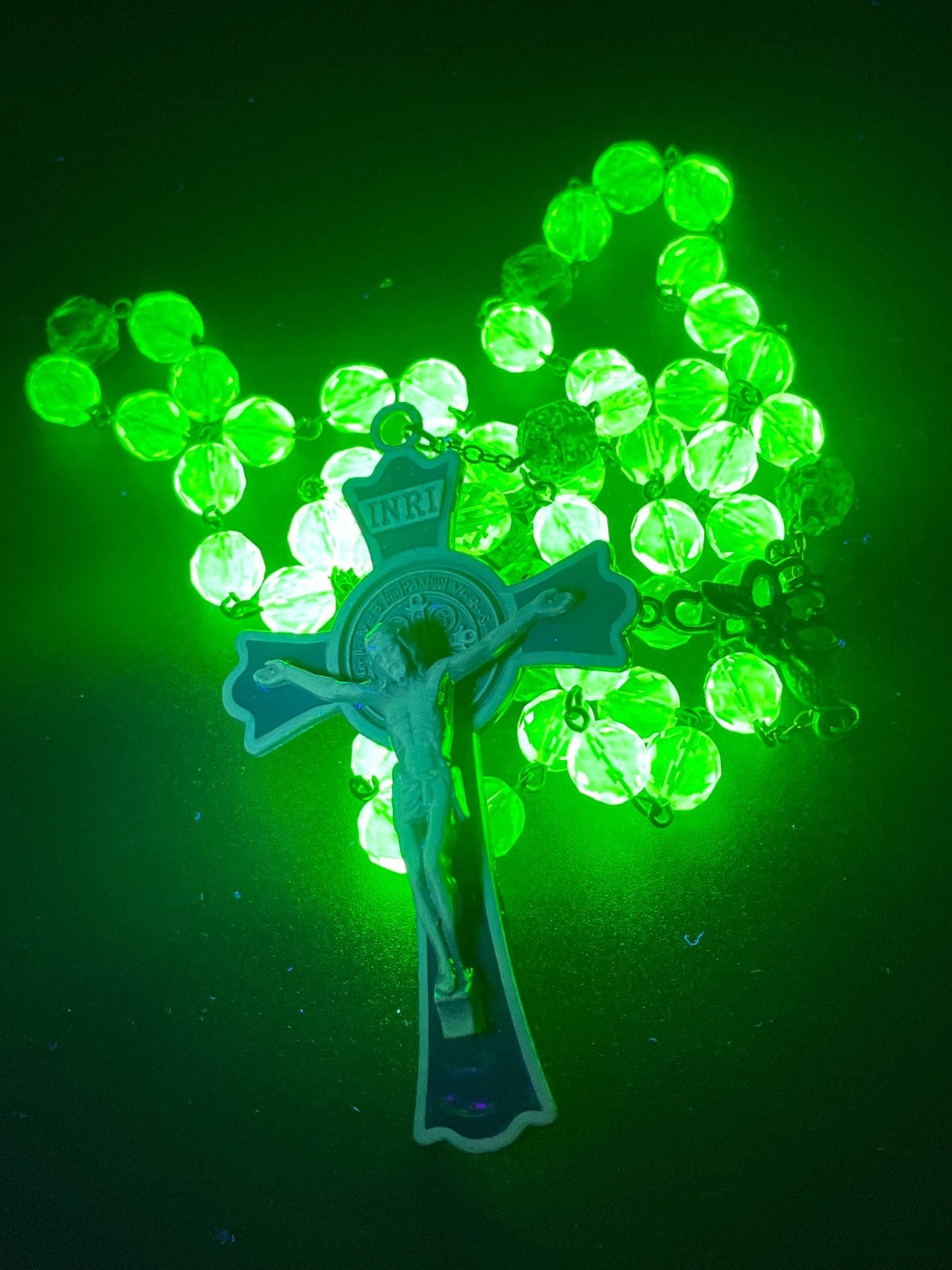 Jesus Rosary Made Of (Uranium Glass) | Green Fire-Polished Beads | Vaseline Bronze Necklace with Green-Black Crucifix | Glows Under UV Light
