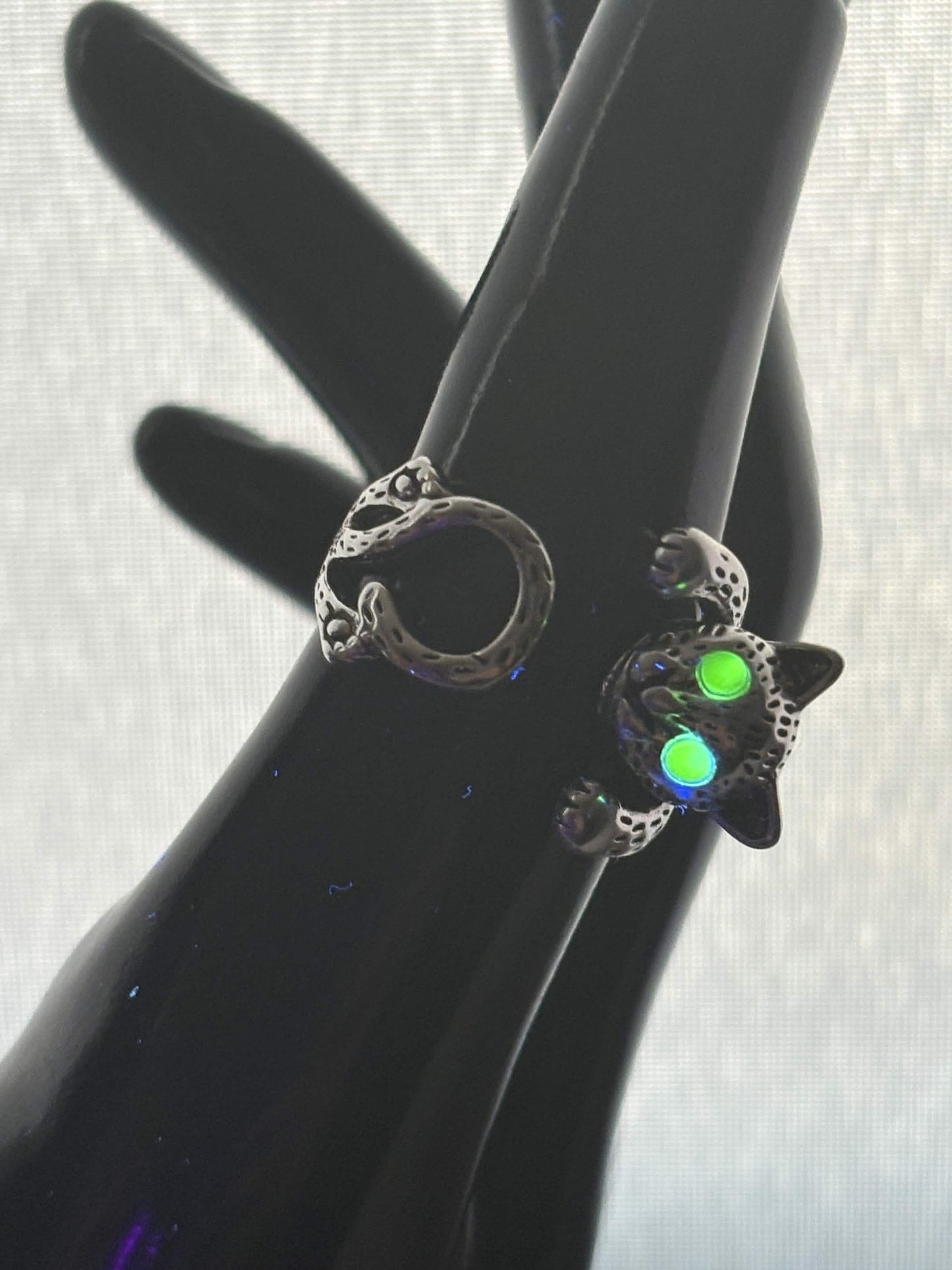 Uranium Glass (Cat) Ring (Adjustable Size) | Yellow Vaseline Glass With Metal Frame | Glows Under UV Light | Glowing Kitty Eyes