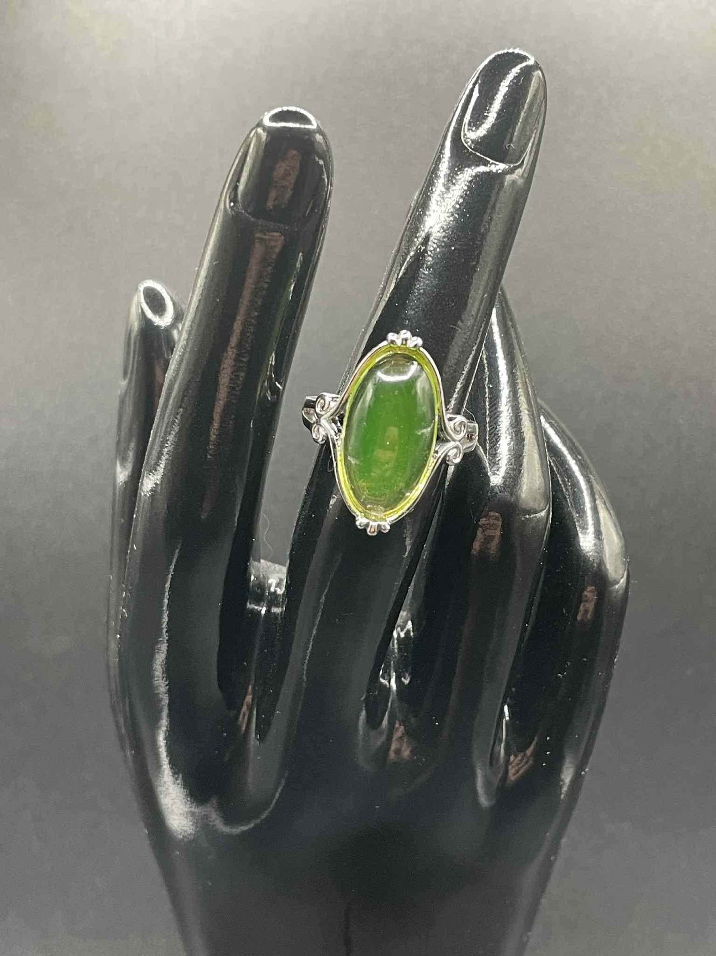 Handcrafted Uranium Glass Long Oval Ring (Size 7) | Vaseline Glass Jewelry | Glows Green Under UV Light | Beautiful Silver Decorative Frame