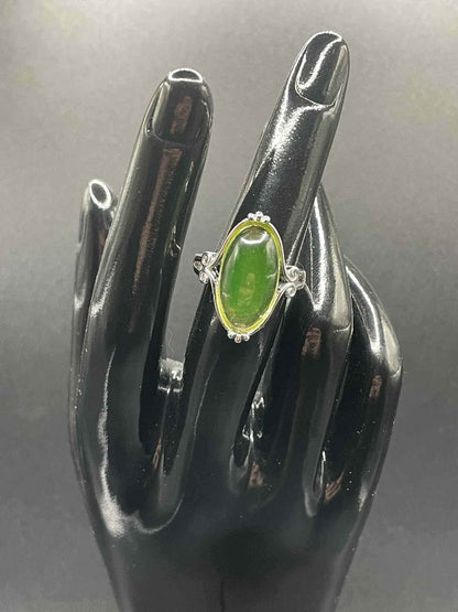 Handcrafted Uranium Glass Long Oval Ring (Size 7) | Vaseline Glass Jewelry | Glows Green Under UV Light | Beautiful Silver Decorative Frame