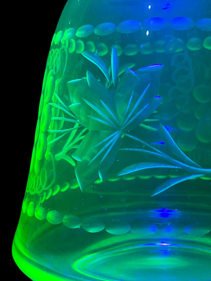 Uranium Glass Wine Decanter/Carafe | Vaseline Glass Bottle with Etched Grapes & Leaves | Glows Under UV Light | Bohemian 1930s Art Deco