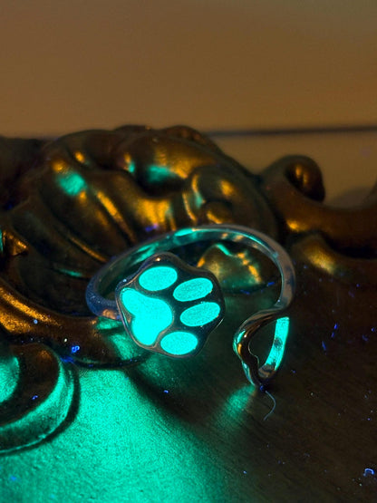 Glowing Turquoise Cat/Dog Paw Ring | Glows In The Dark | Metallic Frame With Little Heart | Adjustable Resizable Luminous Pet Lover Jewelry