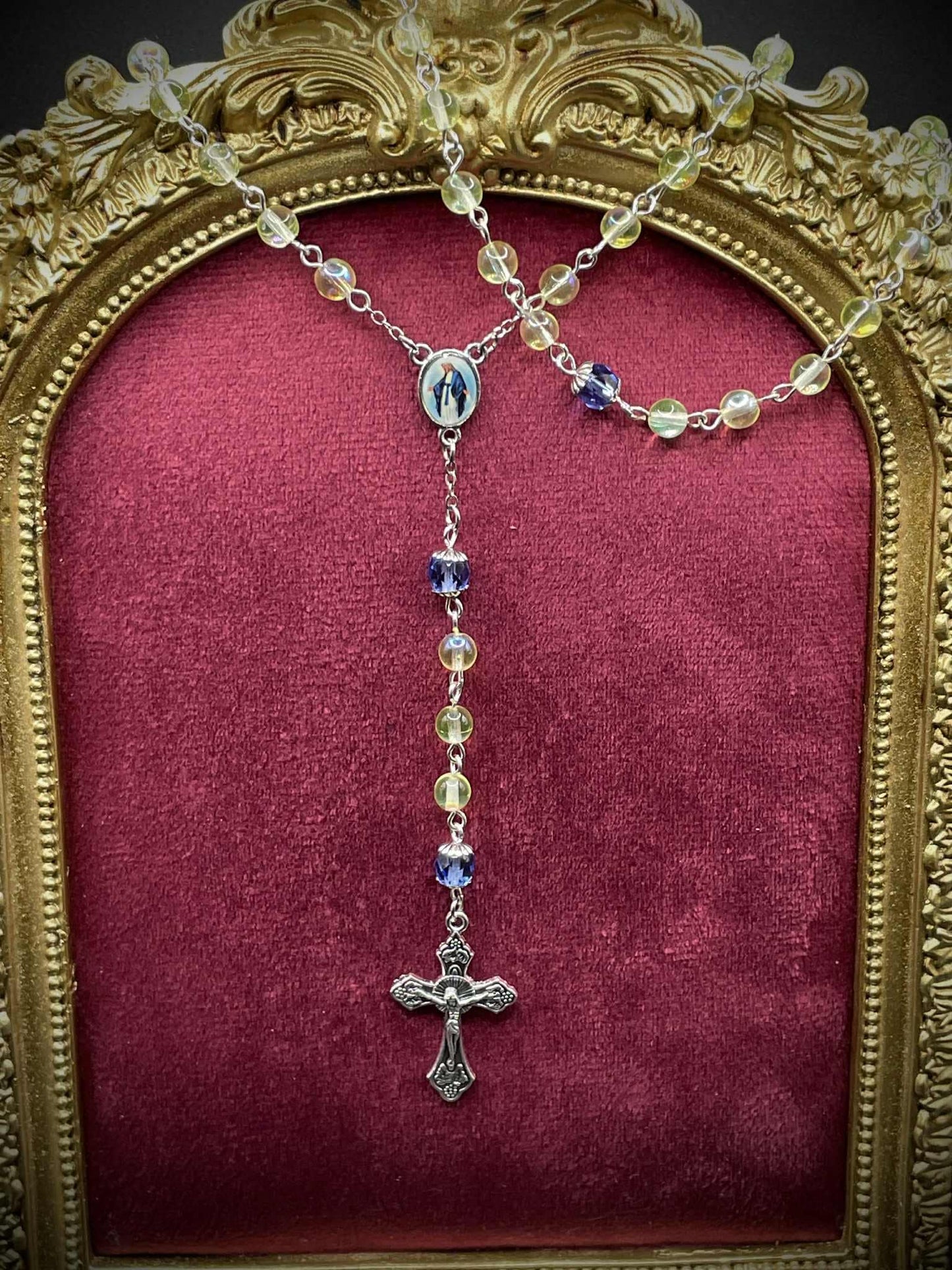 Silver-Blue (Uranium Glass) Rosary | Catholic Necklace From Yellow Vaseline Glass | Glowing Under UV Light | With Centerpiece of Saint Mary