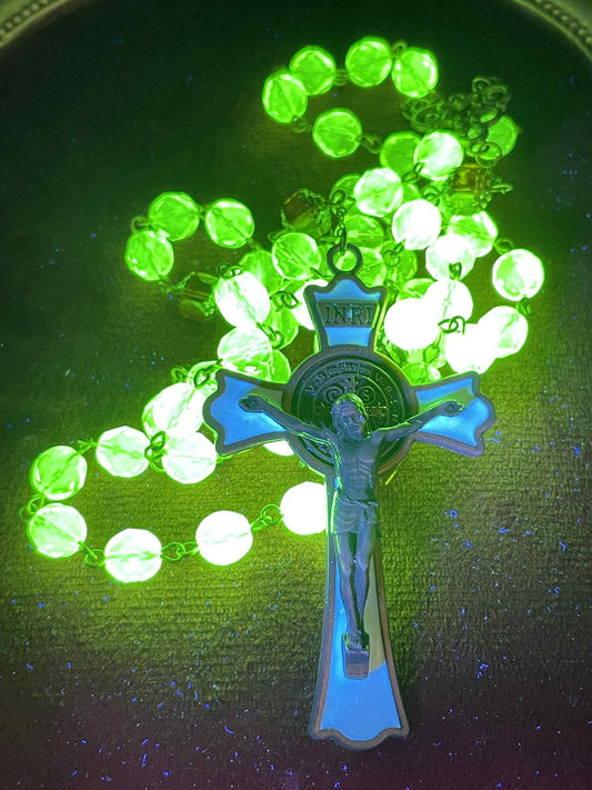 Bronze (Uranium Glass) Rosary | Fire-polished Honey Colored Beads With Bronze Flower Medal & Crucifix | Glows Under UV | Believer Jewelry