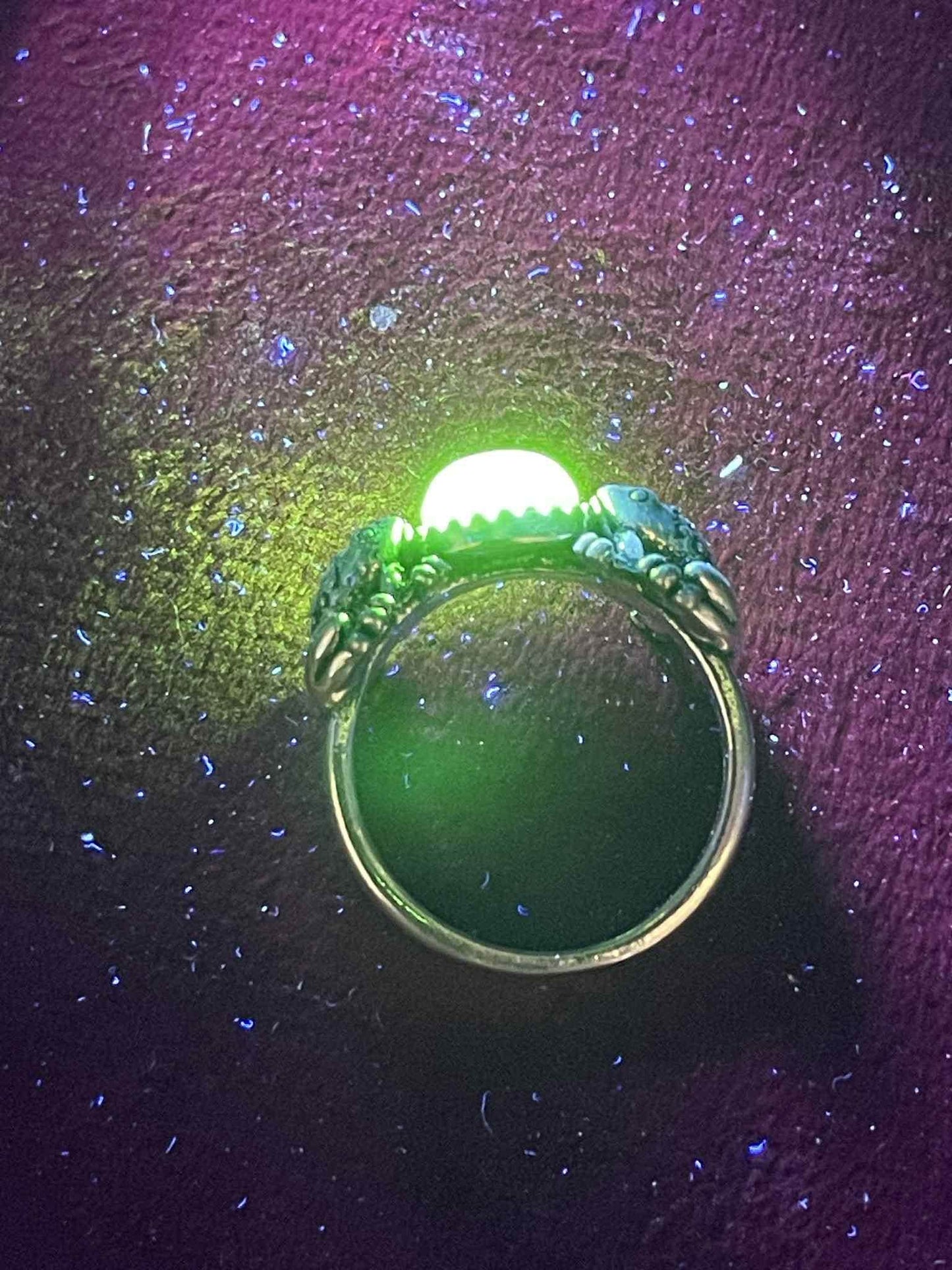 Uranium Glass (Frog) Ring Animal | Yellow Vaseline Glass With Metallic Silver Base | It Glows Under UV Light | Handcrafted Toad Jewelry