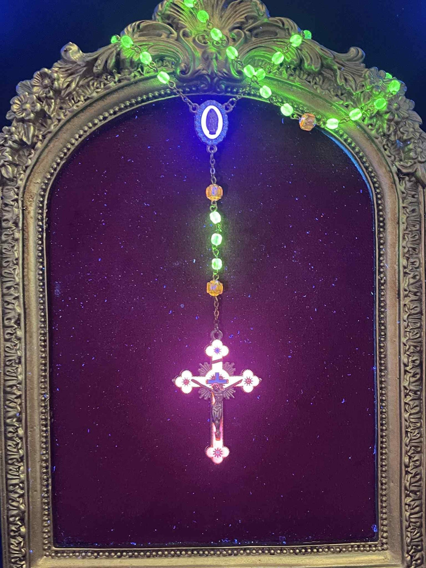 Glowing Uranium Glass Rosary | Small Catholic Crucifix Necklace | Made of 6 Colourful Cathedral Beads & 53 (4mm) FirePolished Vaseline Beads