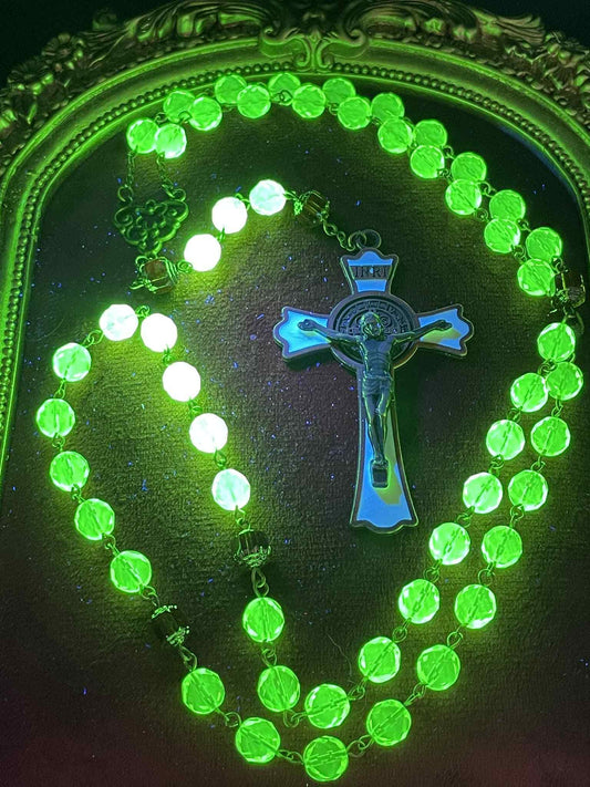 Bronze (Uranium Glass) Rosary | Fire-polished Honey Colored Beads With Bronze Flower Medal & Crucifix | Glows Under UV | Believer Jewelry