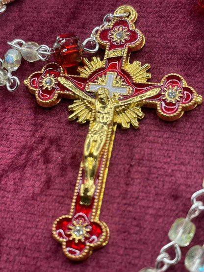 Glowing Uranium Glass Rosary | Small Catholic Crucifix Necklace | Made of 6 Colourful Cathedral Beads & 53 (4mm) FirePolished Vaseline Beads