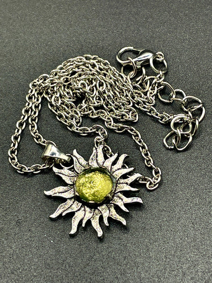 Sun Pendant from Uranium Glass | Mysterious Astrology Amulet | Glows Under UV Light | Yellow Vaseline Necklace | Dark Gothic Zodiac Jewelry
