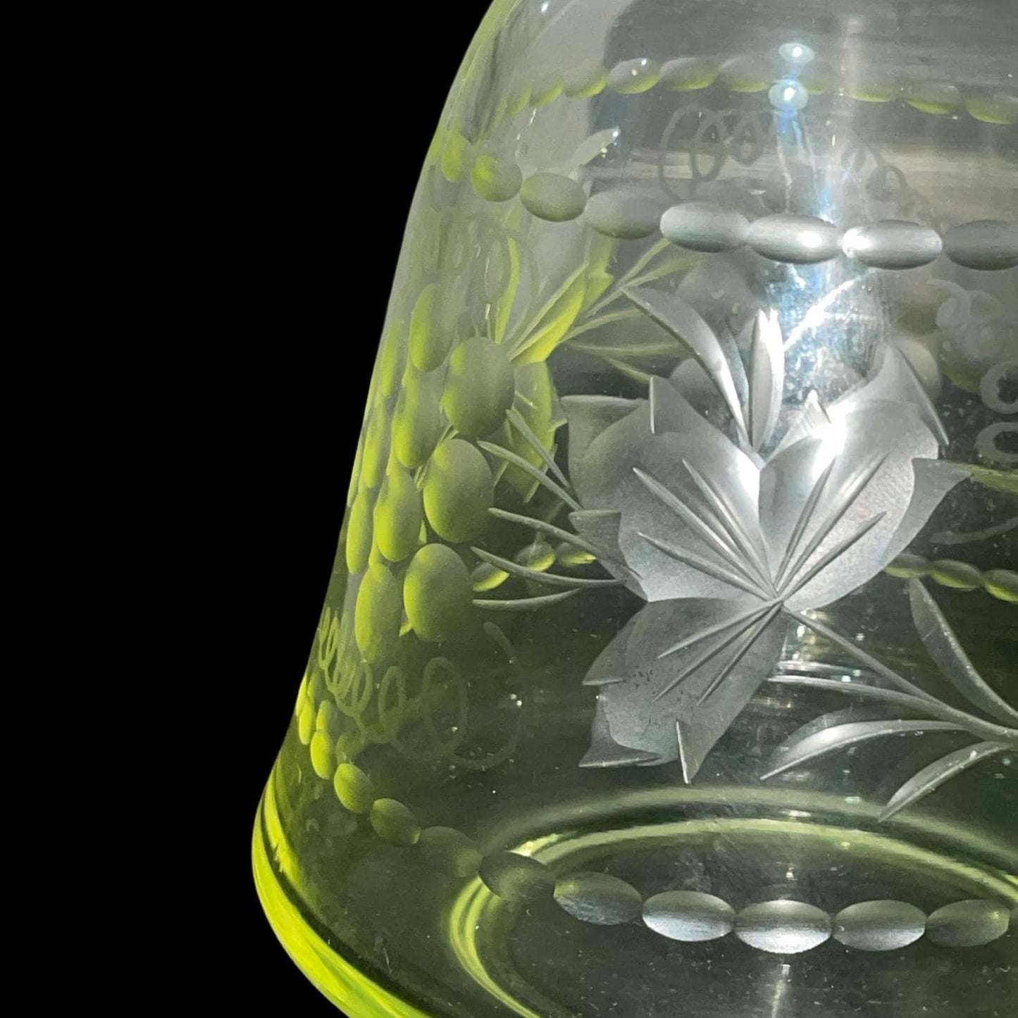 Uranium Glass Wine Decanter/Carafe | Vaseline Glass Bottle with Etched Grapes & Leaves | Glows Under UV Light | Bohemian 1930s Art Deco
