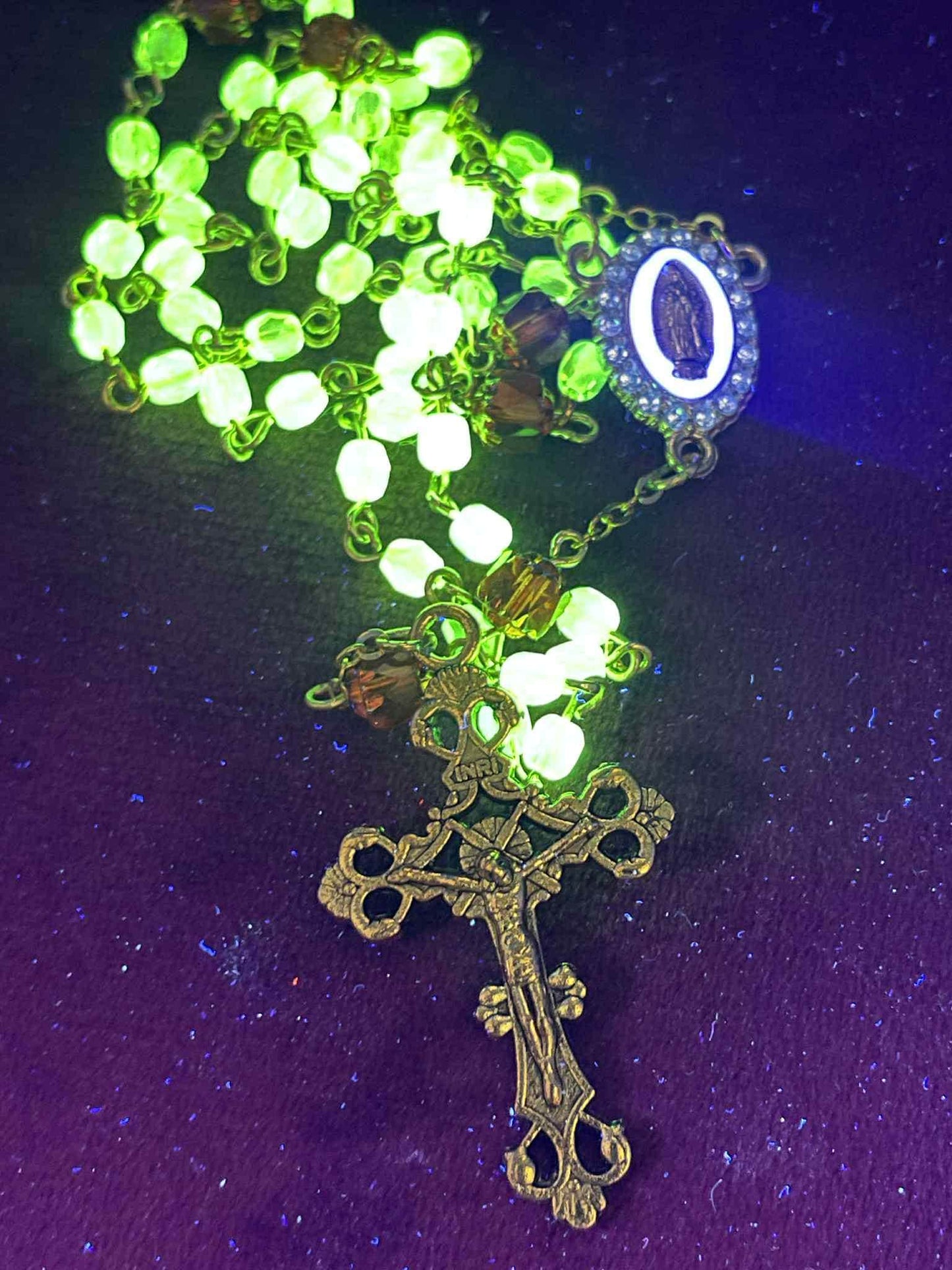 Uranium Glass Rosary | Golden Jesus Crucifix & White Holy Mary Medal | Golden Chain, 6 Orange And 53 4mm Vaseline Fire-Polished Beads