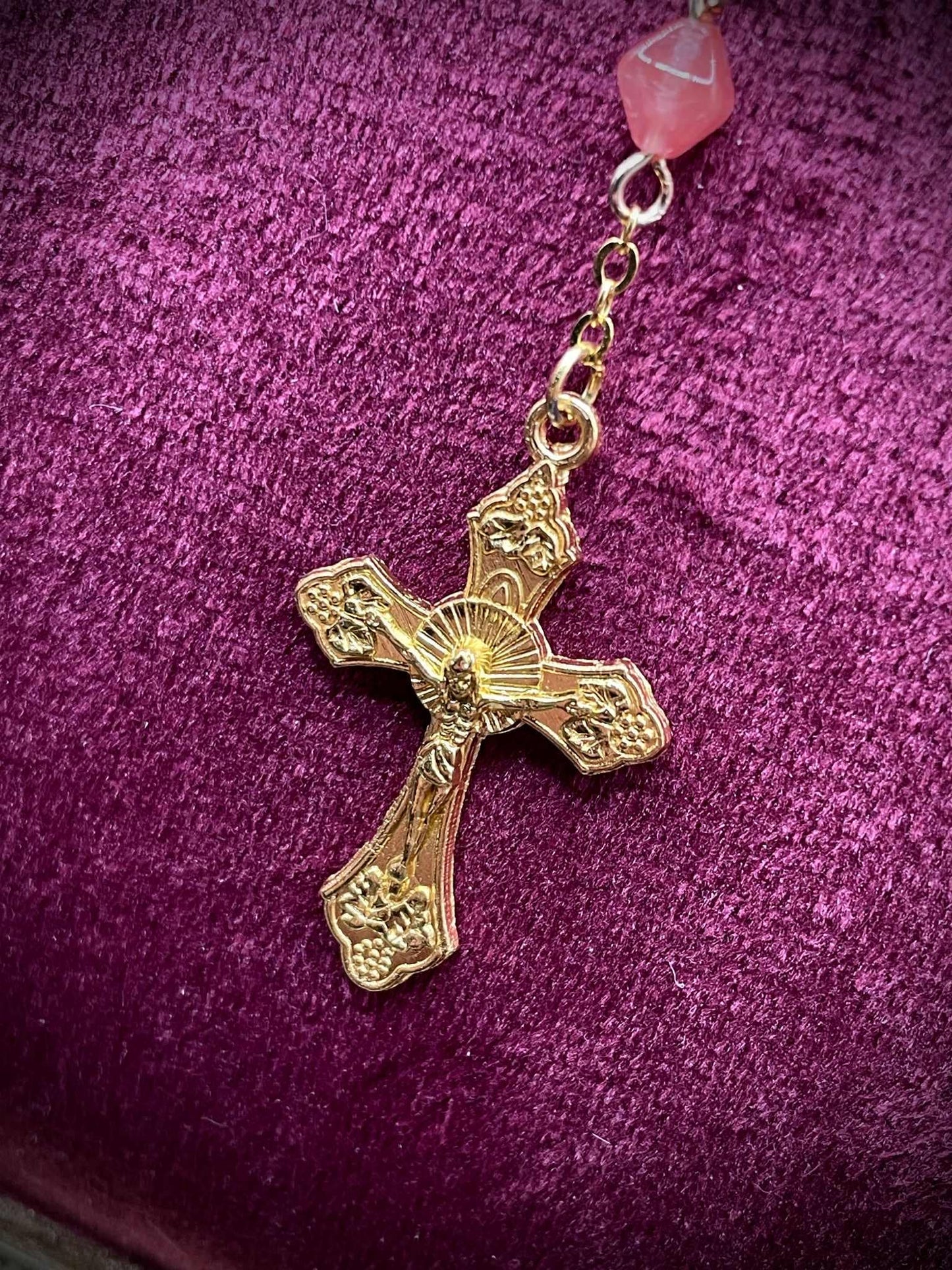 Uranium Glass (Salmon Color) Rosary | Octahedron Religious Necklace of Green Vaseline | It Glows Under UV Light | 59 Beads Gold Crucifix