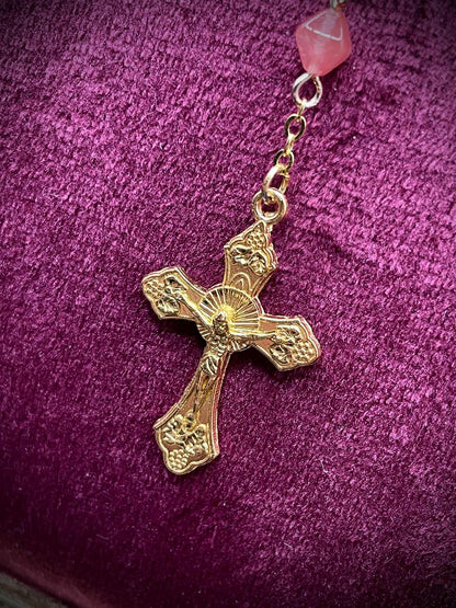 Uranium Glass (Salmon Color) Rosary | Octahedron Religious Necklace of Green Vaseline | It Glows Under UV Light | 59 Beads Gold Crucifix