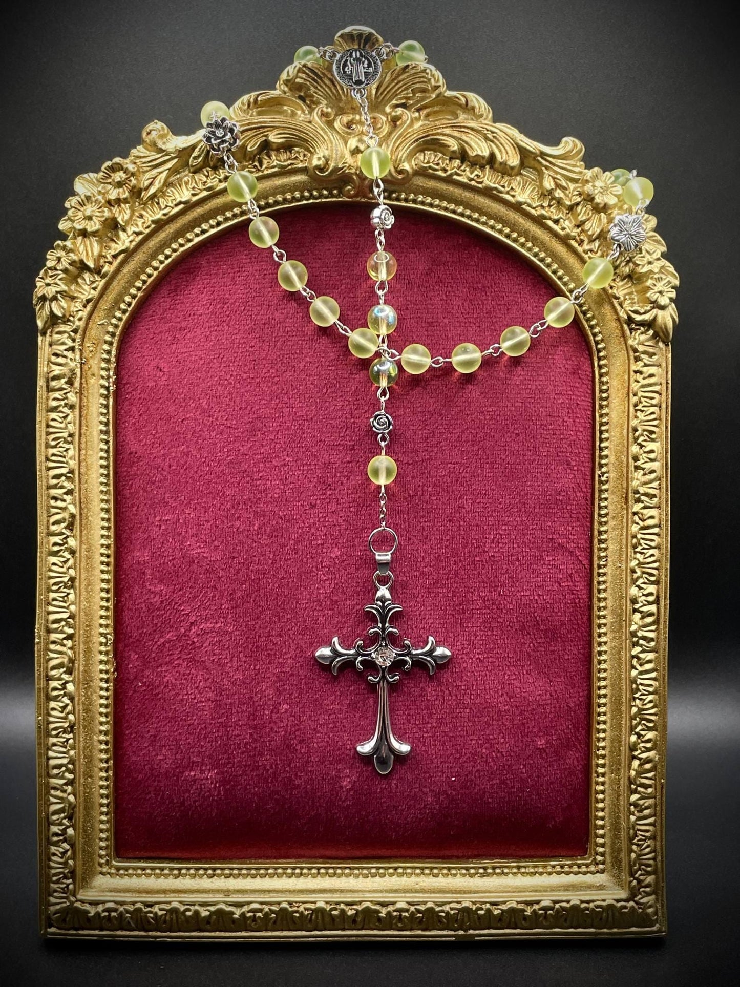 Crucifix Rosary from Uranium Glass | Gothic Floral Amulet with Lotus & Rose | It Glows Under UV Light | Yellow Vaseline Necklace Jewelry