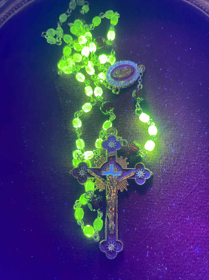 Glowing Uranium Glass Rosary | Small Catholic Crucifix Necklace | Made of 6 Colourful Cathedral Beads & 53 (4mm) FirePolished Vaseline Beads