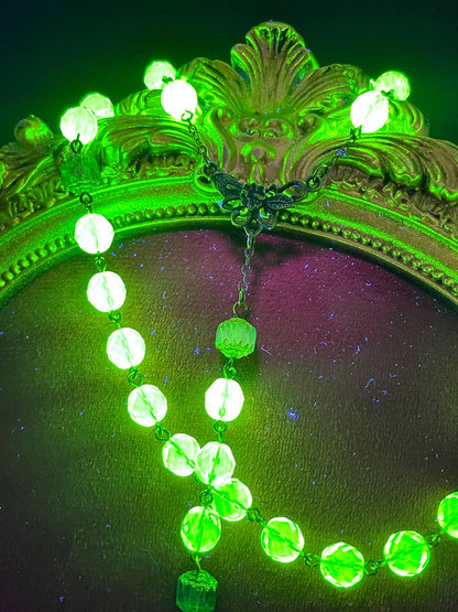 Jesus Rosary Made Of (Uranium Glass) | Green Fire-Polished Beads | Vaseline Bronze Necklace with Green-Black Crucifix | Glows Under UV Light