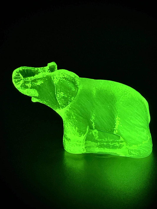 Uranium Glass (Elephant) Figurine | Vaseline Glass Jumbo Statue | Africa Wildlife Animal | Glows Under UV Light | Vintage Radioactive Decor