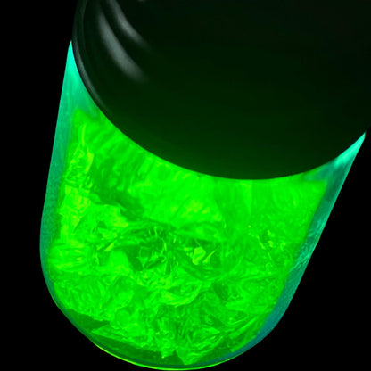 Bottle of Crushed Uranium Glass Shards – Glowing Vaseline Fragments – UV Reactive Vial Sample with Safe Radioactive Material for DIY Crafts