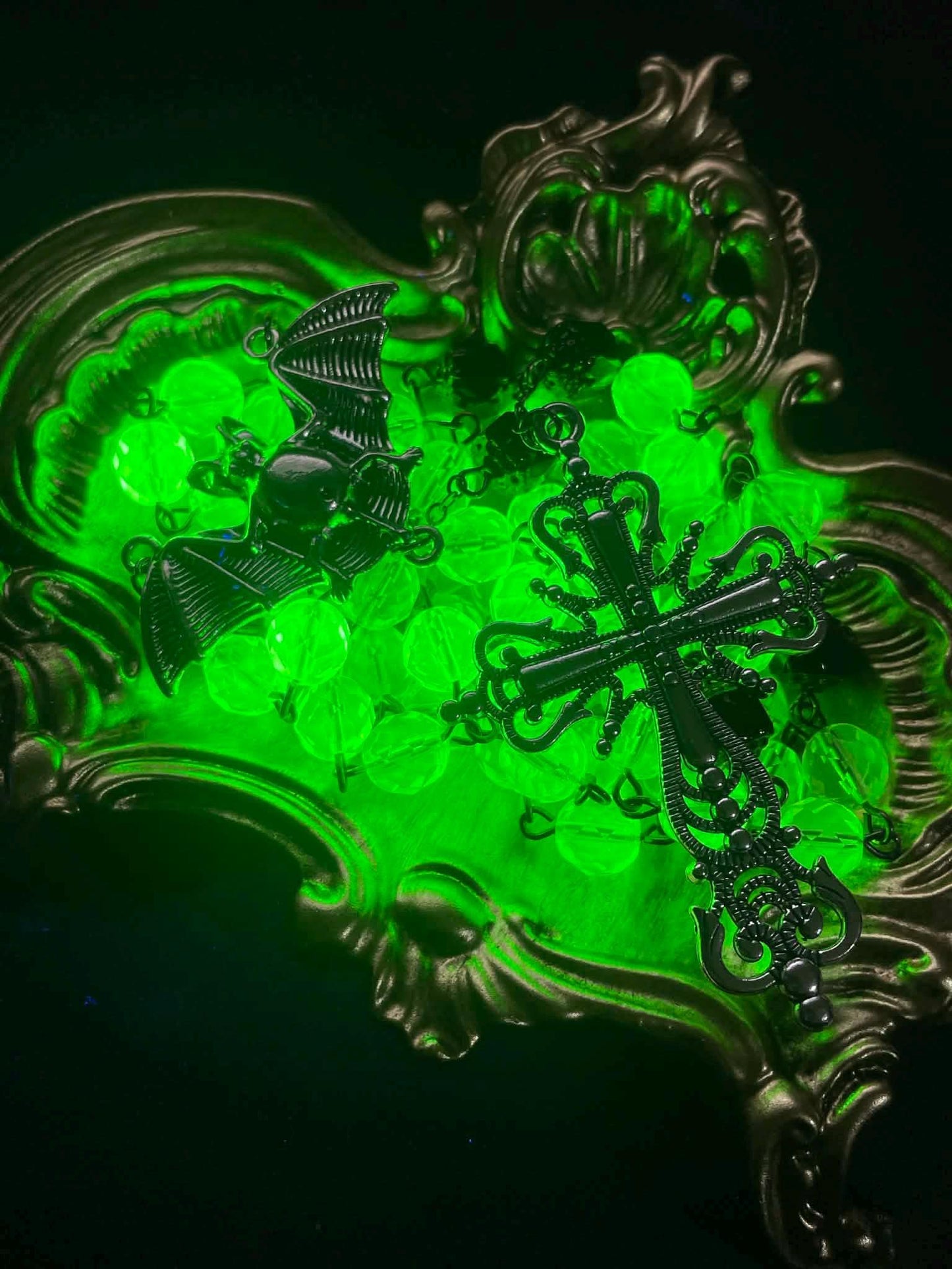 Uranium Glass Gothic Rosary | Dark Religious Green Vaseline Necklace | It Glows Under UV Light | Catholic Crucifix Pendant Made of 59 Beads