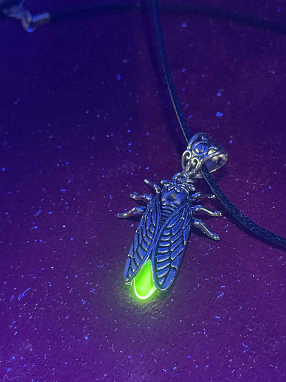Uranium Glass Firefly Necklace | Fluorescent Yellow Vaseline Glass Pendant | Glows Under UV Light | Luminous Cicada Bug Jewelry