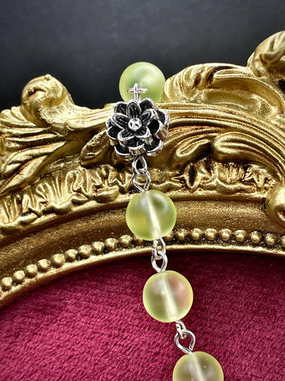 Crucifix Rosary from Uranium Glass | Gothic Floral Amulet with Lotus & Rose | It Glows Under UV Light | Yellow Vaseline Necklace Jewelry