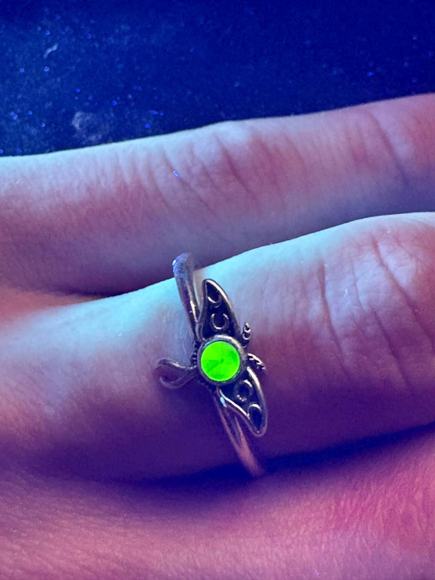 Uranium Glass Faceted Luna (Moth) Ring | Green Vaseline Bug Jewelry | It Glows Under UV Light | Sterling Silver 925 Metal | Luminous Insect