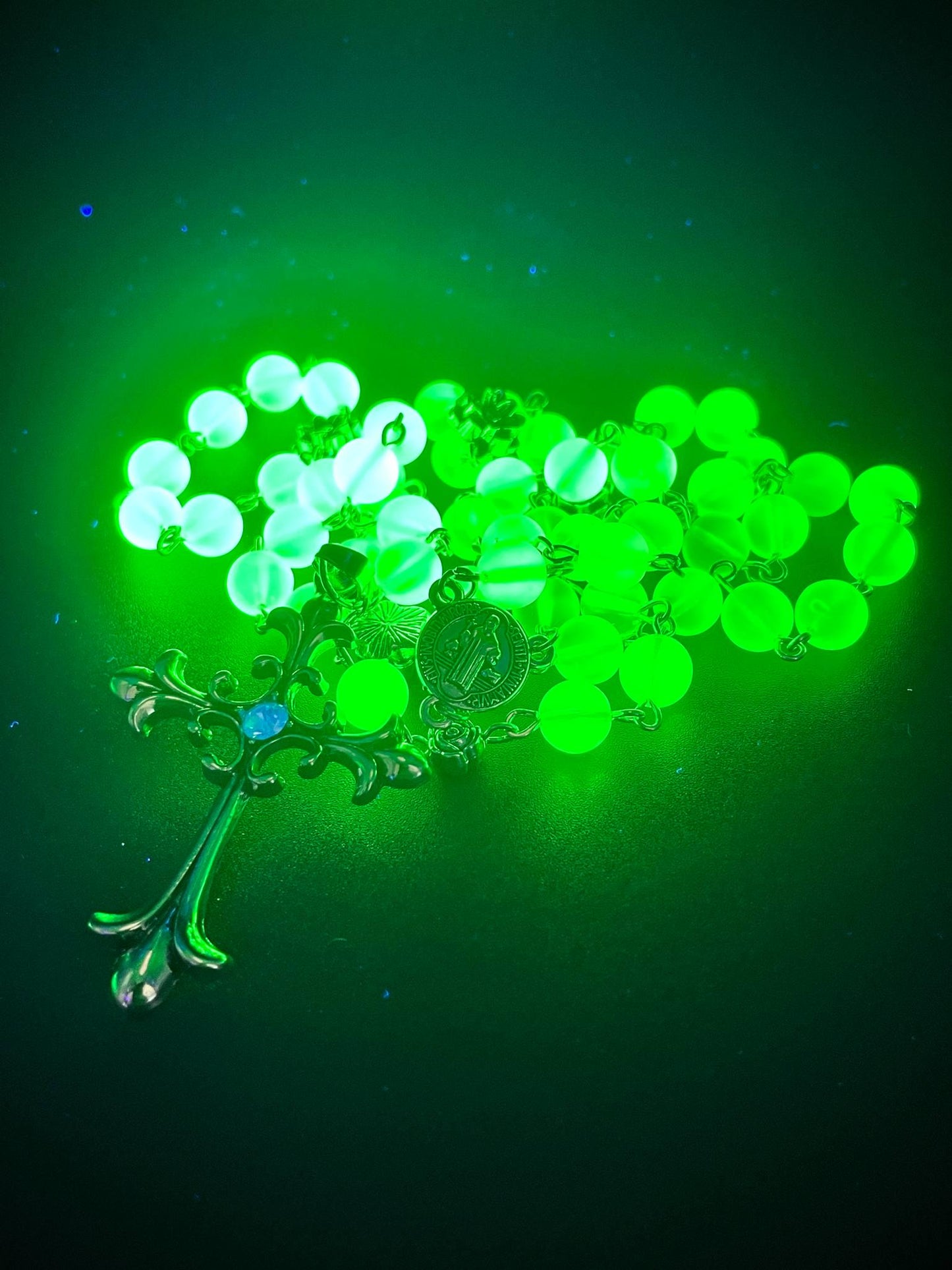 Crucifix Rosary from Uranium Glass | Gothic Floral Amulet with Lotus & Rose | It Glows Under UV Light | Yellow Vaseline Necklace Jewelry