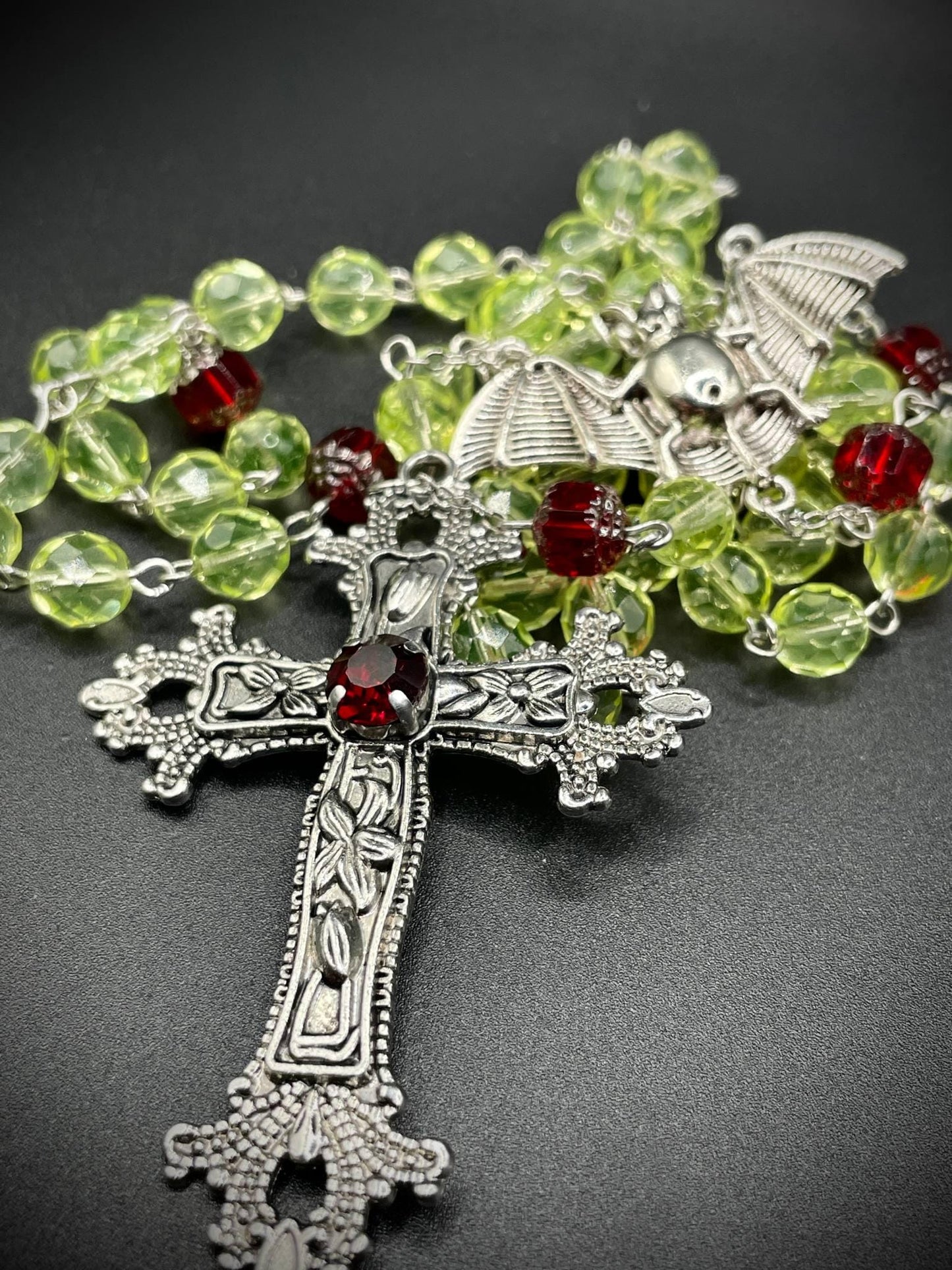 Vampire Rosary from (Uranium Glass) | Gothic Crimson Blood Necklace | It Glows Under UV Light | The Halloween Cross in Yellow Vaseline Glass