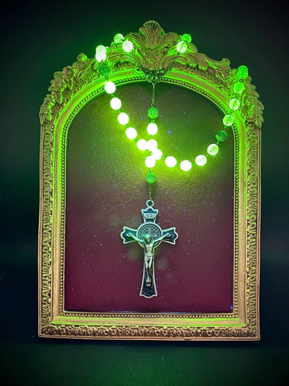 Jesus Rosary Made Of (Uranium Glass) | Green Fire-Polished Beads | Vaseline Bronze Necklace with Green-Black Crucifix | Glows Under UV Light