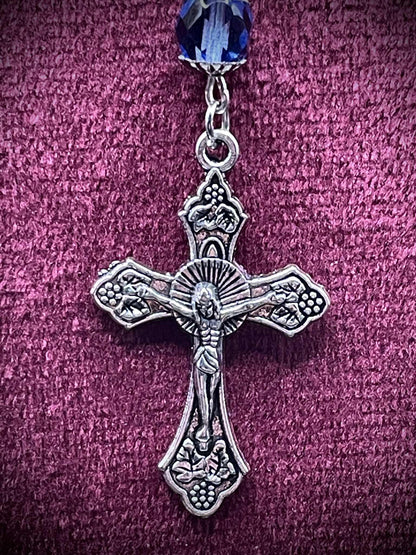 Silver-Blue (Uranium Glass) Rosary | Catholic Necklace From Yellow Vaseline Glass | Glowing Under UV Light | With Centerpiece of Saint Mary
